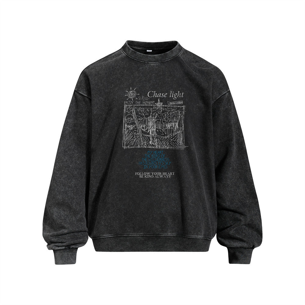 Men's Vintage Crew Neck Pullover Sweatshirt with Illustration Print