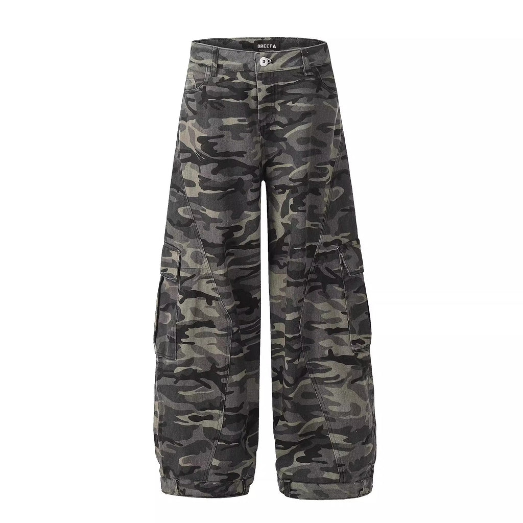 Camouflage Cargo Jeans Women Retro Multi-pocket Wide-leg Deconstructed Banana Knife Pants