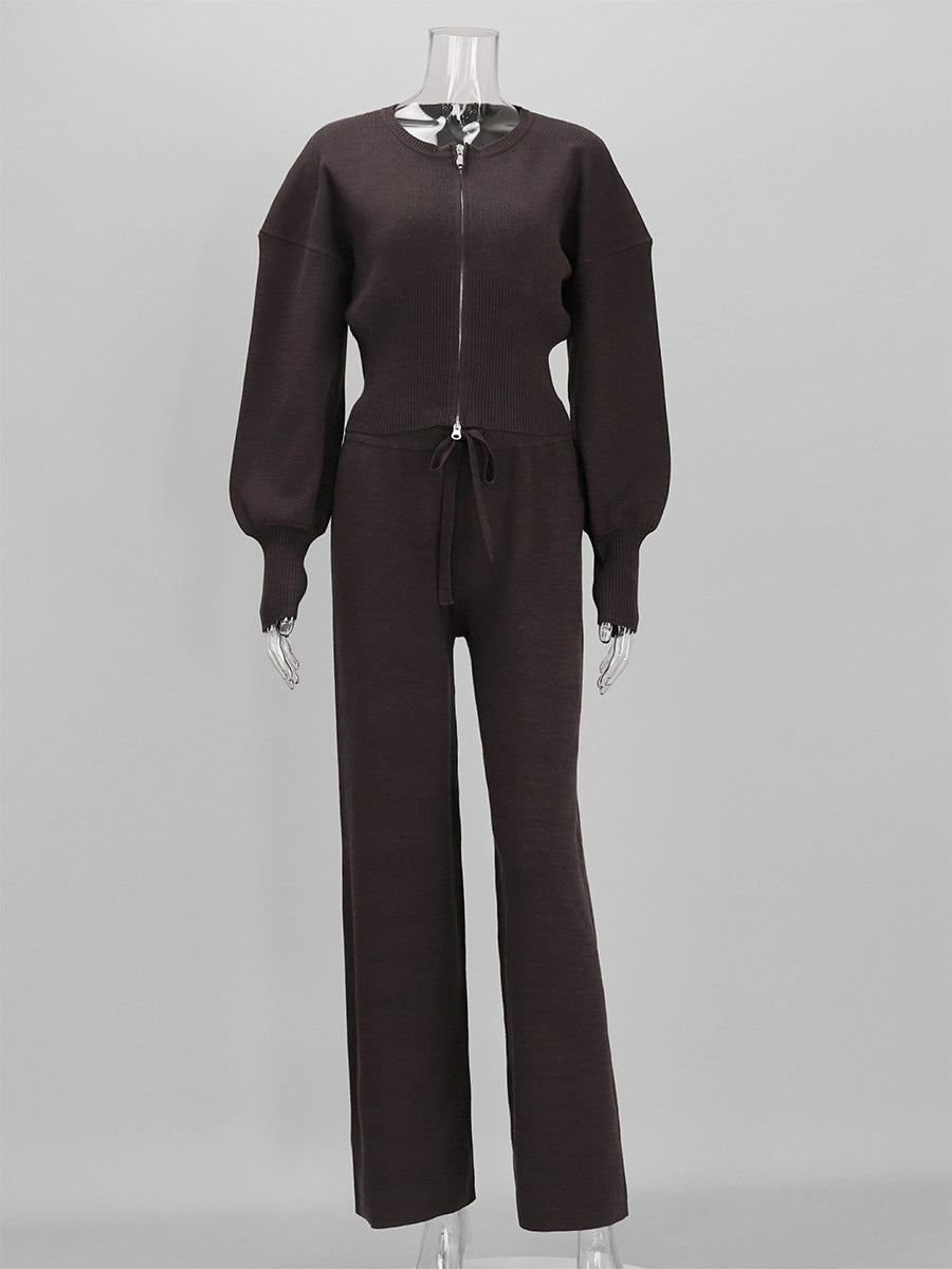 Knit Zipper Front Top &amp; High Waist Wide Leg Pants Two Piece Set