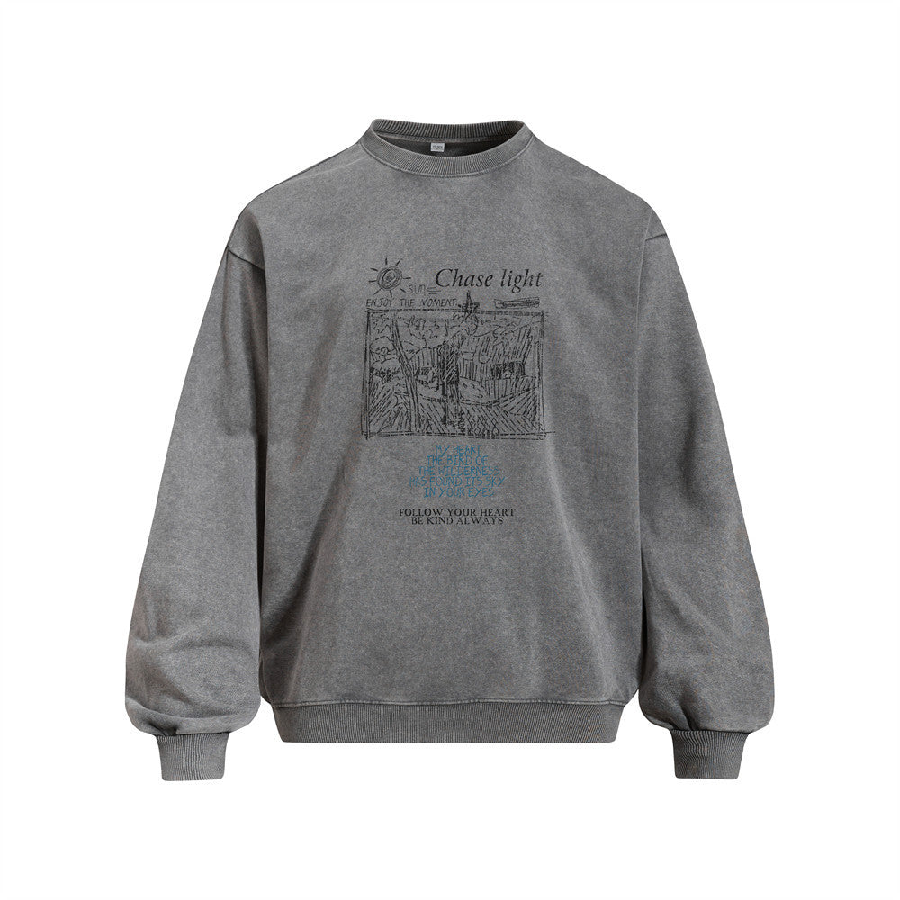 Men's Vintage Crew Neck Pullover Sweatshirt with Illustration Print