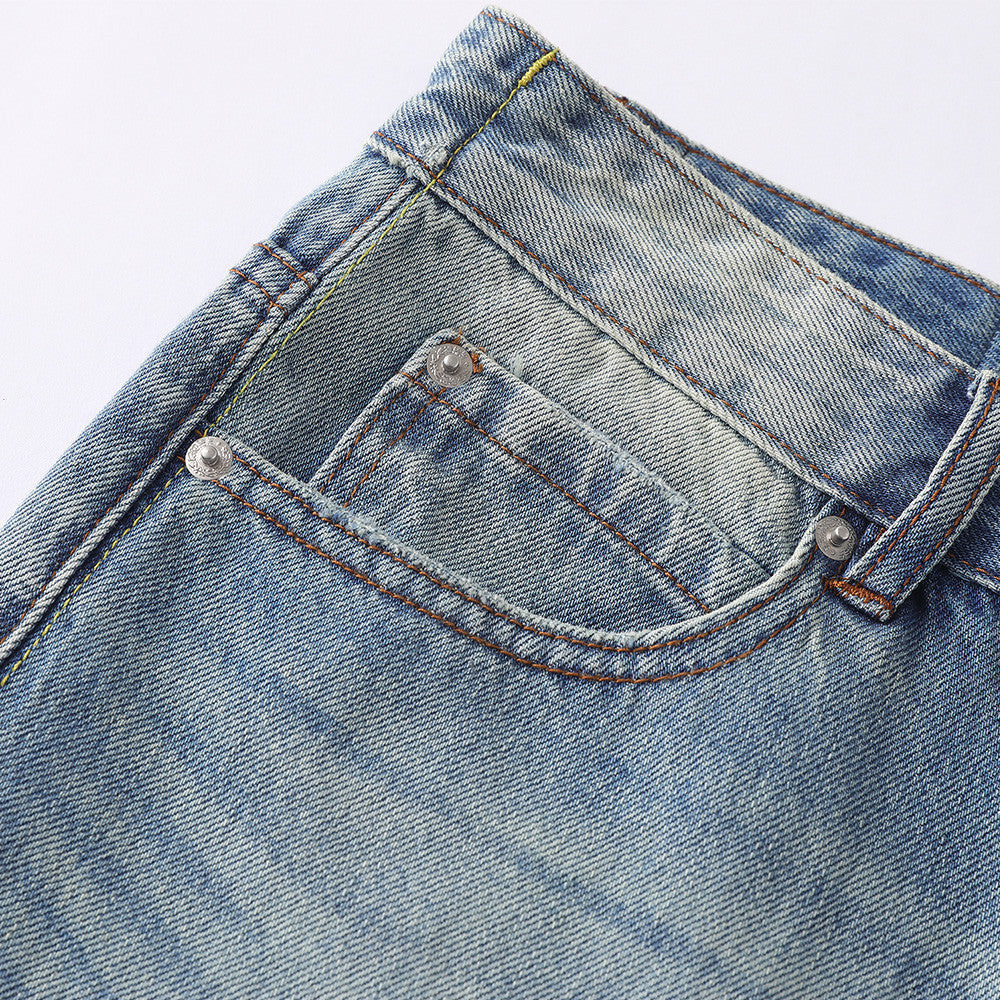 Men's Vintage  Washed Distressed Wide Leg Ripped Hem Denim Jeans