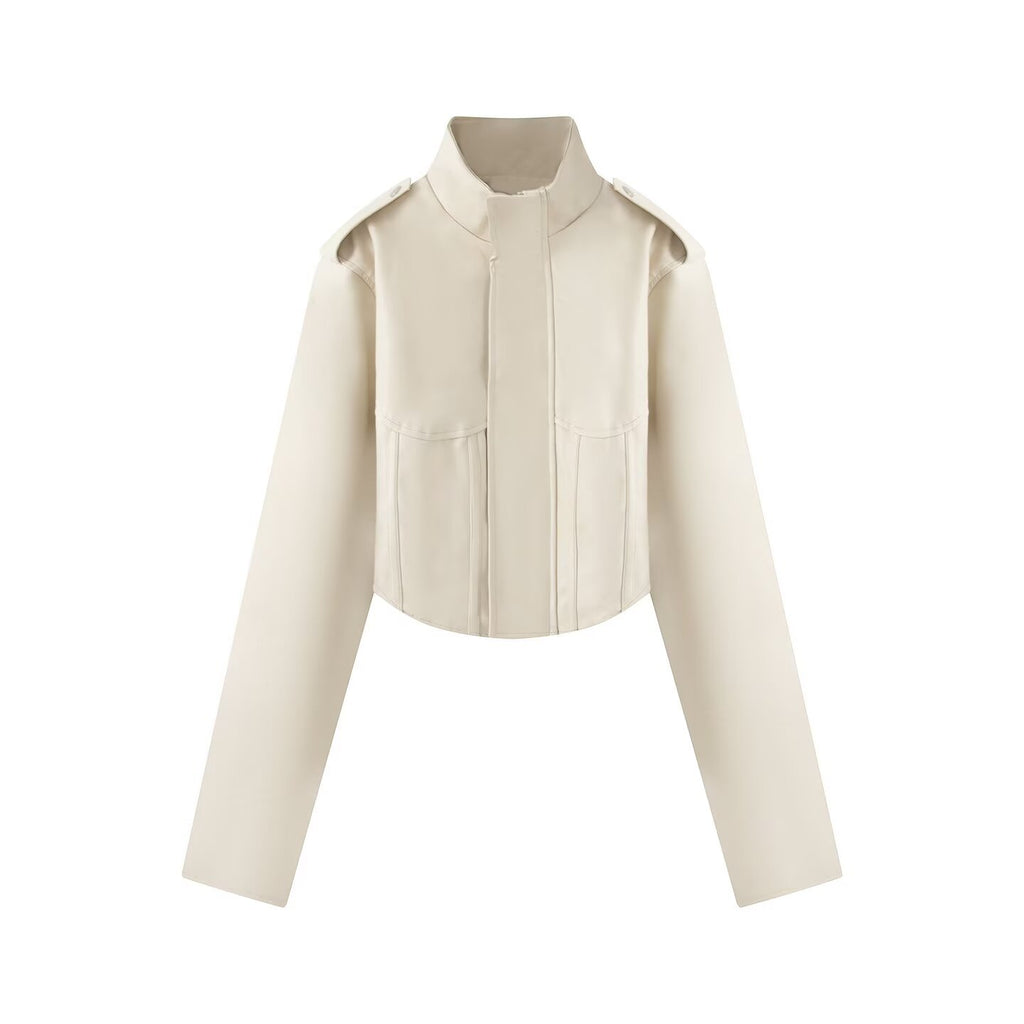 Solid color stand up collar fishbone PU leather short jacket