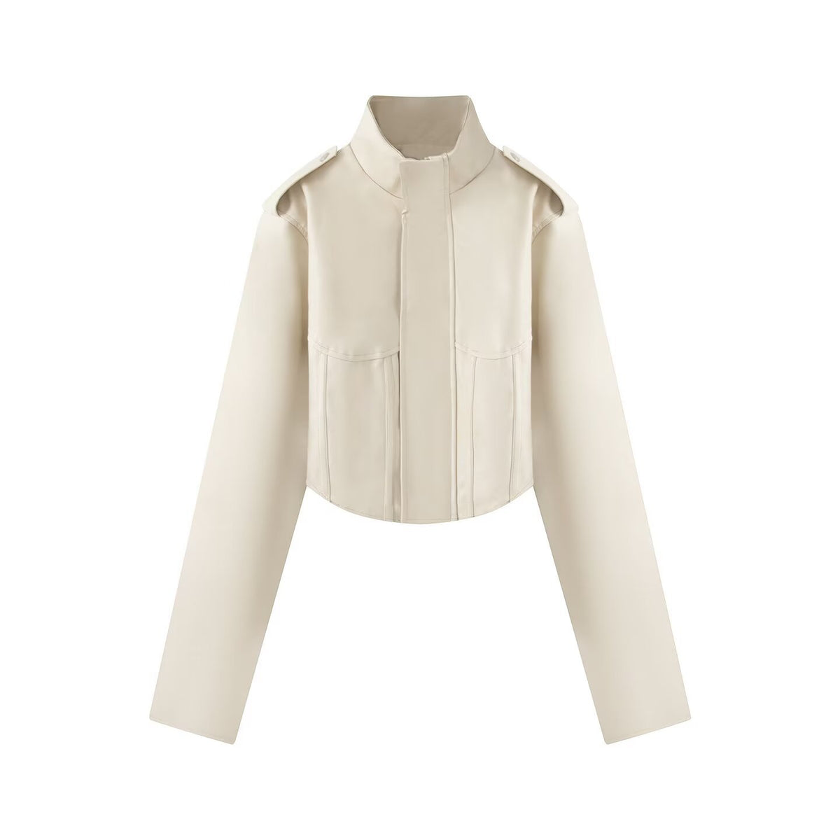 Solid color stand up collar fishbone PU leather short jacket