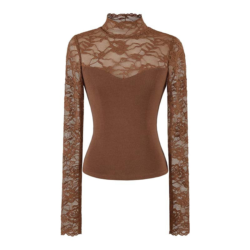 Lace Spliced Cut-Out Stand Collar Crop Women's T-Shirt