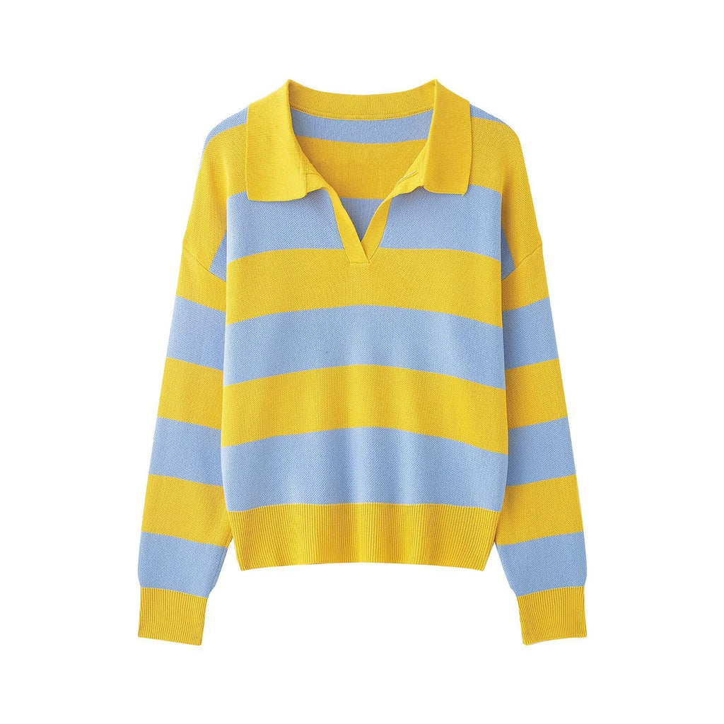 Elegant Contrast Stripe Knit Cardigan Women's Top with Lapel Collar Slimming Fit
