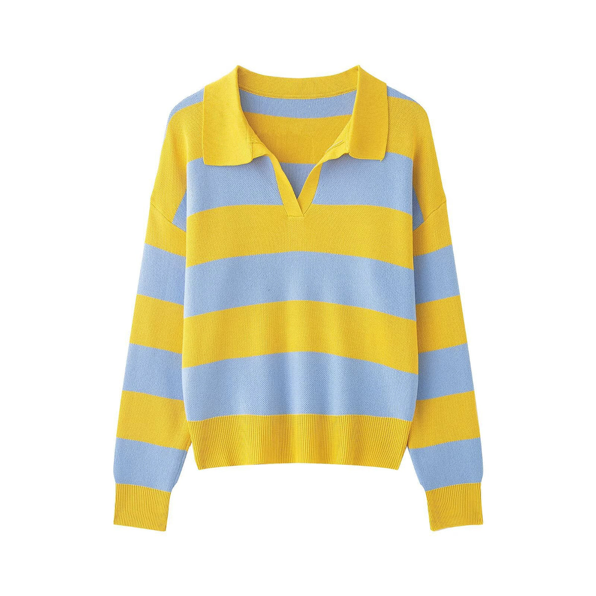 Elegant Contrast Stripe Knit Cardigan Women's Top with Lapel Collar Slimming Fit