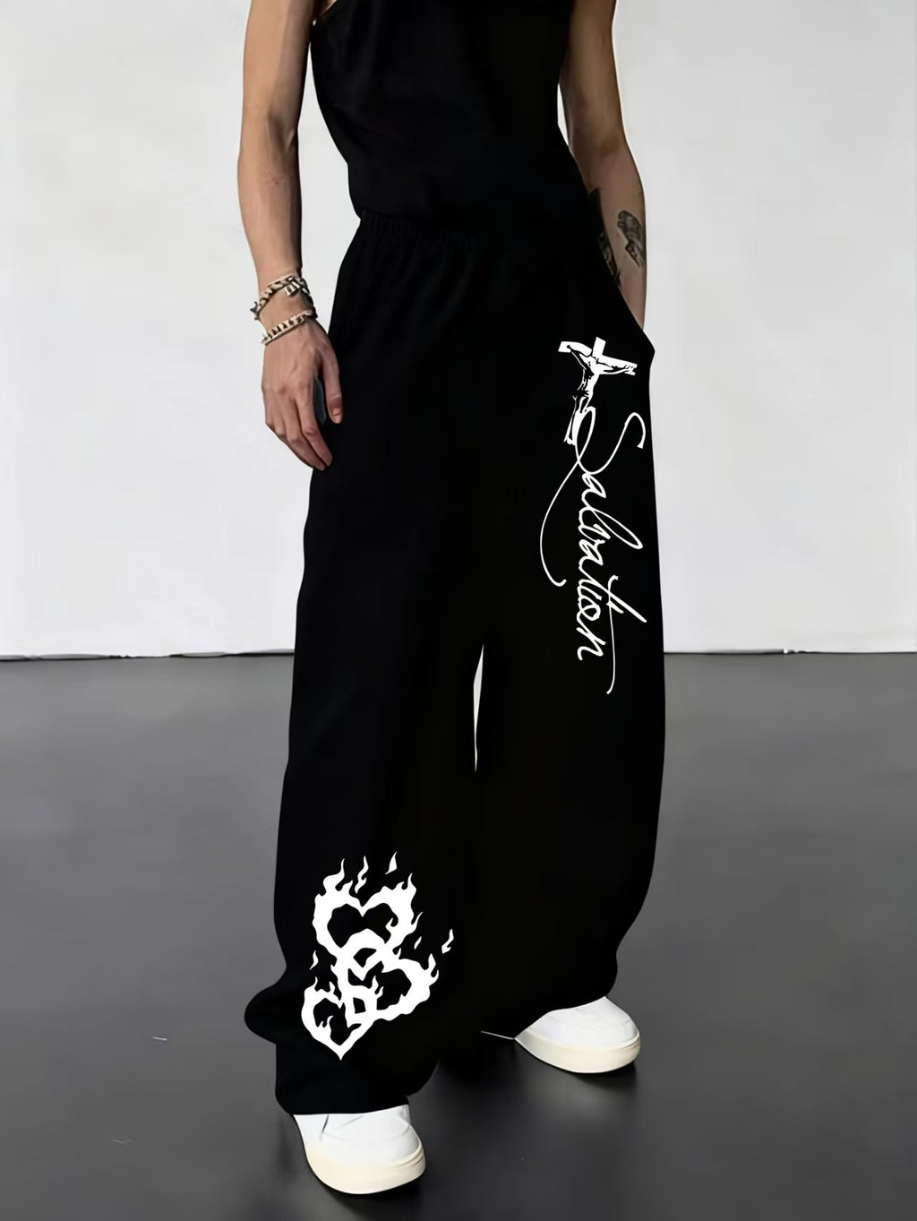 Dark Gothic Letter Print Loose Wide-leg Drawstring Unisex Sweatpants