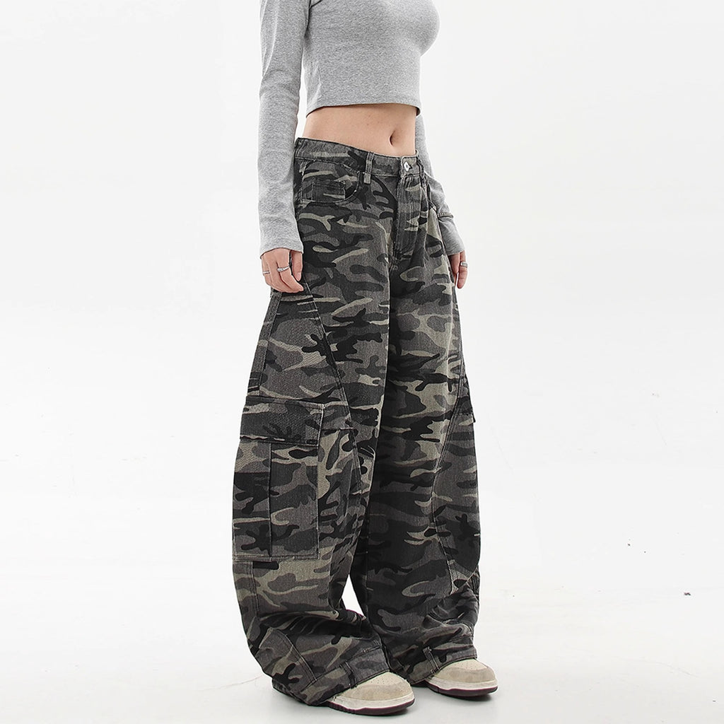 Camouflage Cargo Jeans Women Retro Multi-pocket Wide-leg Deconstructed Banana Knife Pants