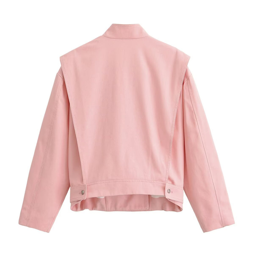 Simple and versatile long sleeved stand up collar breasted short jacket
