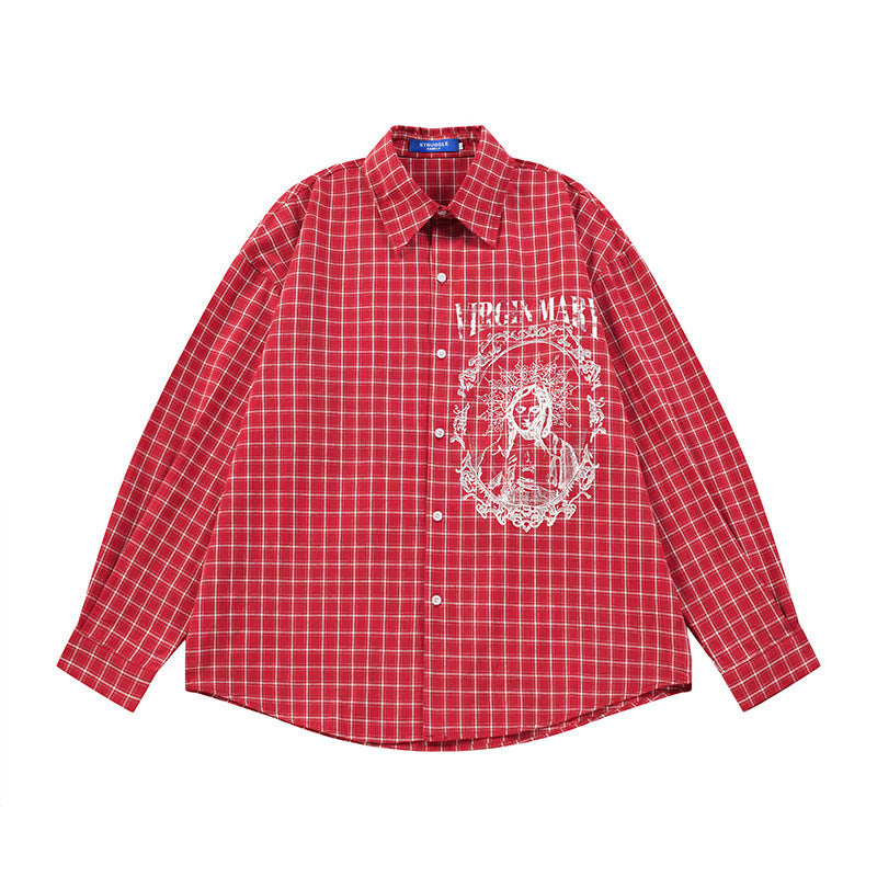 Men's  Hip-hop Portrait Plaid Long Sleeve Turn-down Collar Shirt