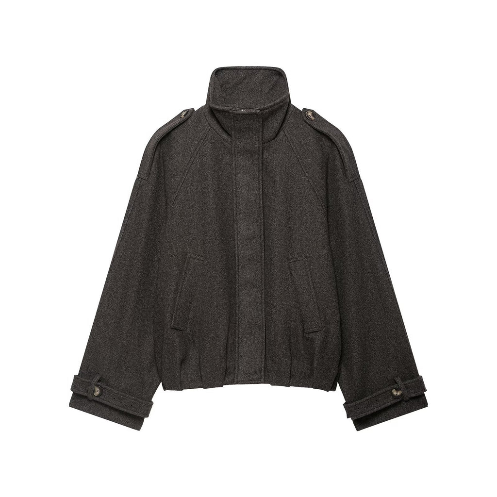 Loose long sleeved stand up collar tripe woolen jacket