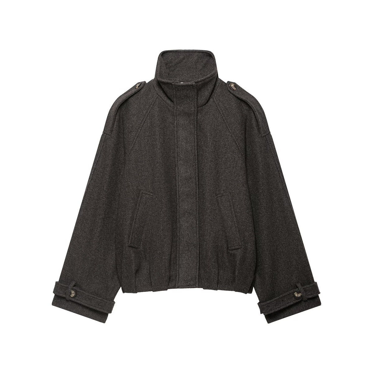 Loose long sleeved stand up collar tripe woolen jacket