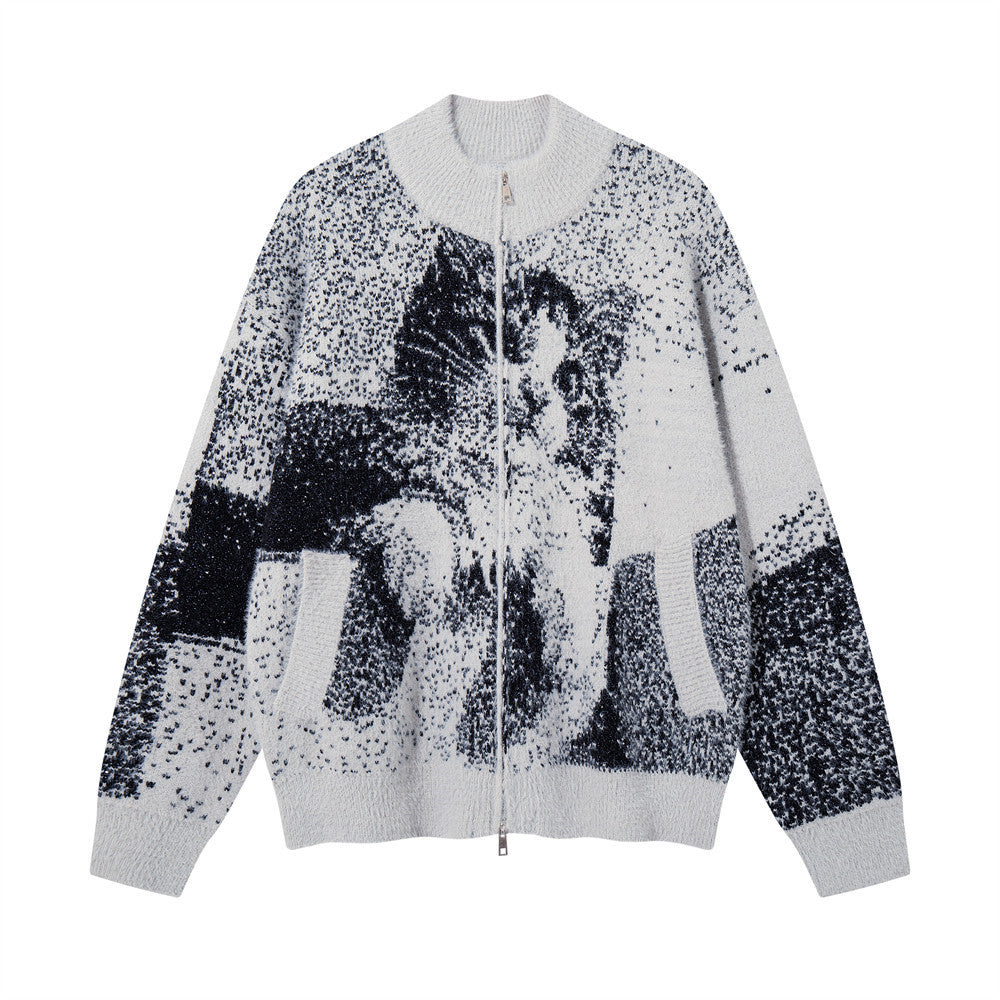 Men's Long Sleeve Cat Jacquard Pattern Stand Collar Cardigan Sweater Relaxed Casual Knit Jacket