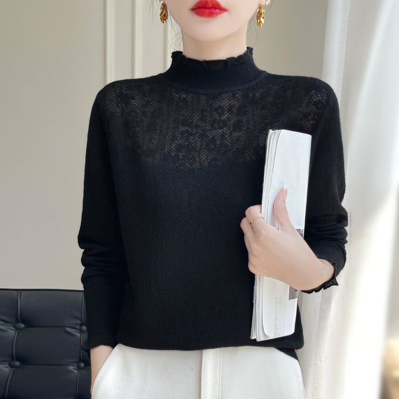 Women's Elegant Splicing Long Sleeve Organza Lace Trim Collar Thin Knit Top