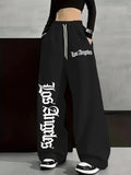 Women's Casual Gothic Letter Print Lightweight High Waist Adjustable Drawstring Wide Leg Pants
