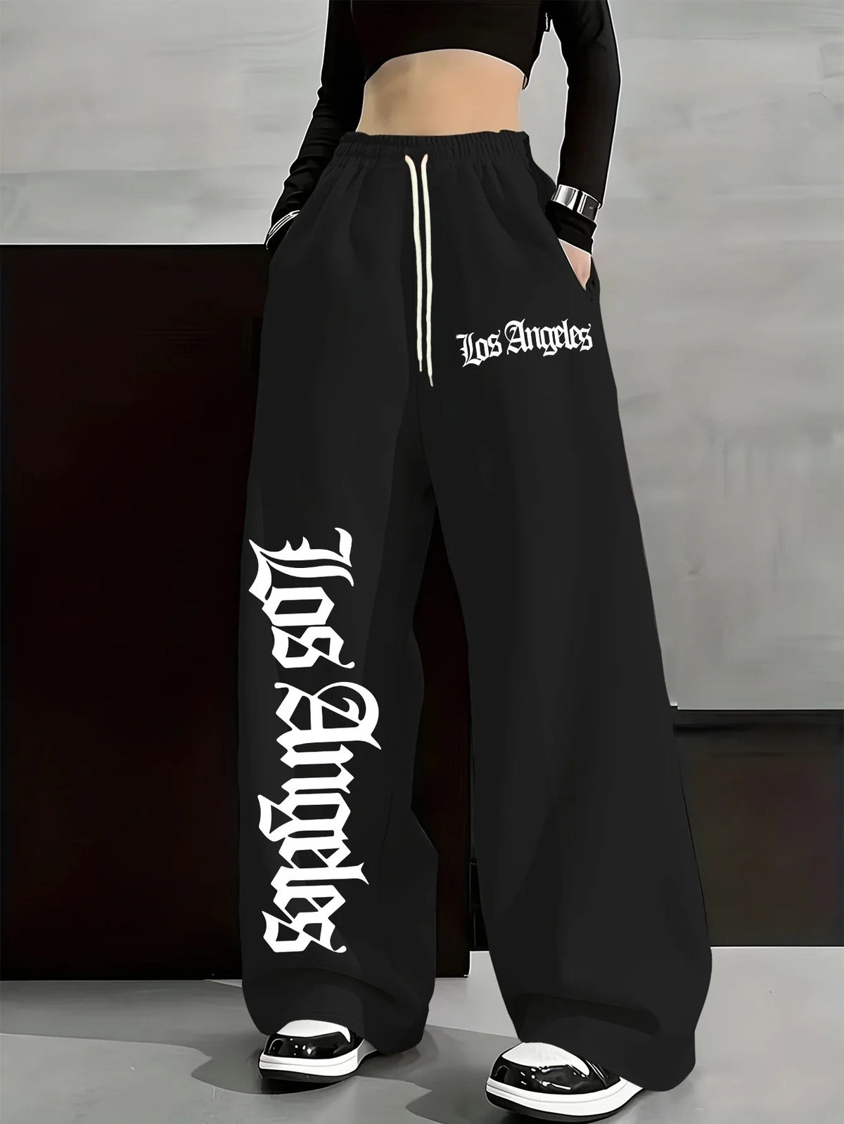 Women's Casual Gothic Letter Print Lightweight High Waist Adjustable Drawstring Wide Leg Pants