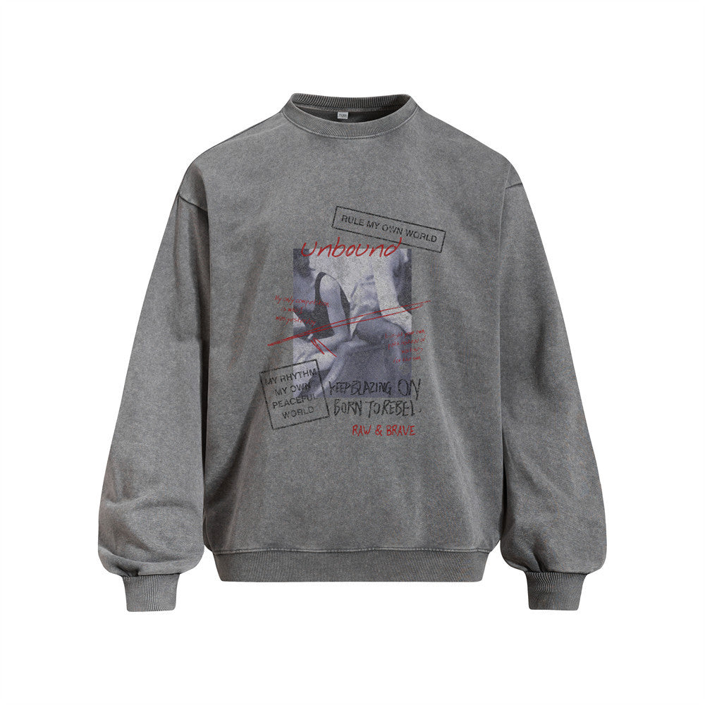 Retro Character Graphic Print Distressed Wash Long Sleeve Crew Neck Men's Loose Casual Sweatshirt