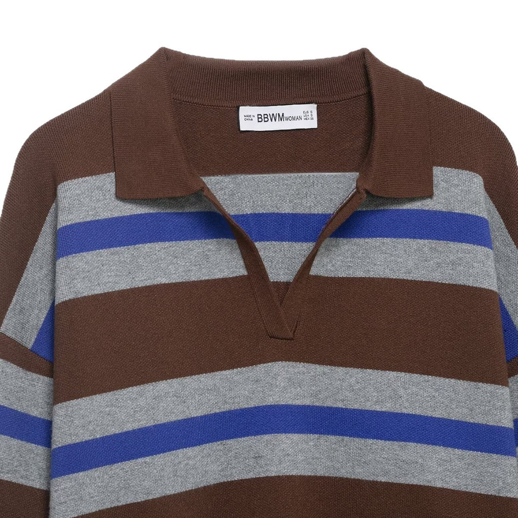 Elegant Contrast Stripe Knit Cardigan Women's Top with Lapel Collar Slimming Fit