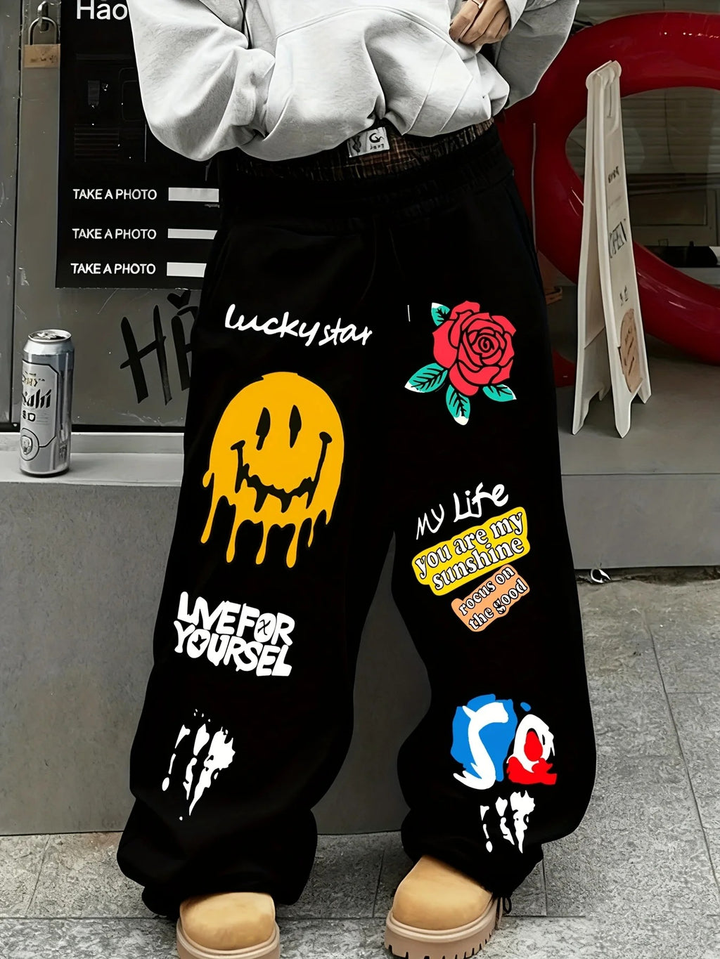 Dark Gothic Smiley Face Print Oversized Wide Leg Drawstring Sweatpants