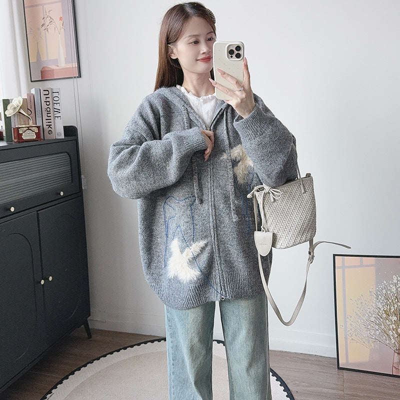 Hooded Jacquard Embroidered Sweater