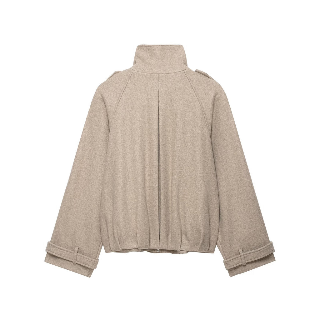 Loose long sleeved stand up collar tripe woolen jacket