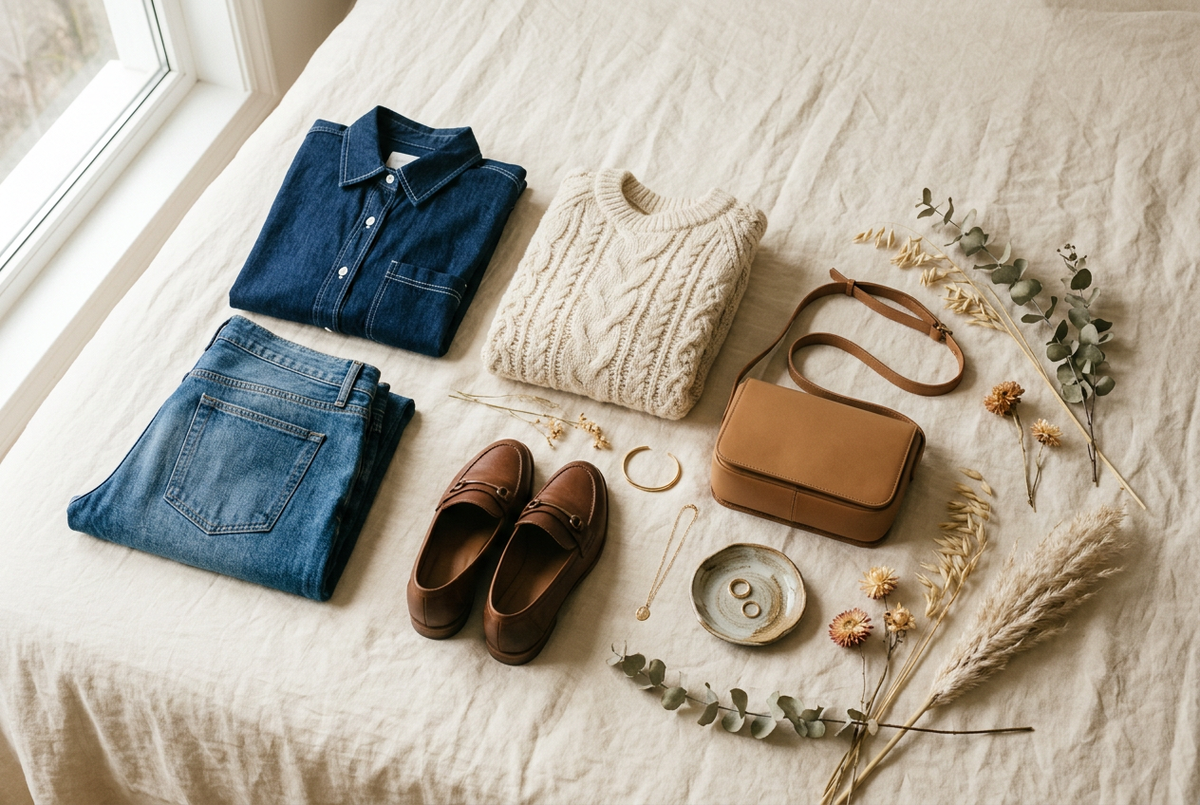 Fashion flat lay with denim and cream textures