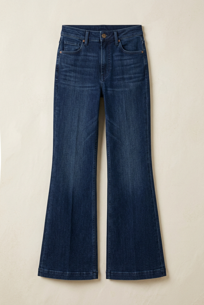 AI-generated style example of women's high-rise dark indigo flared jeans